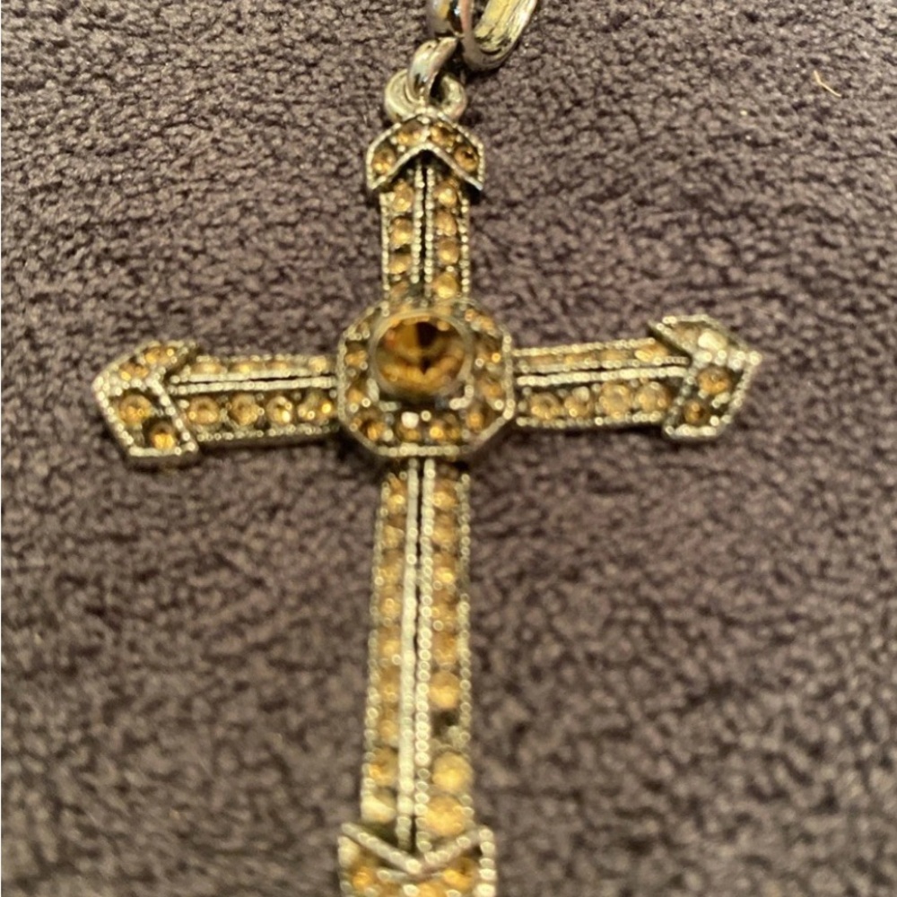 Vintage Silver Tone Cross Pendant Amber Citrine Glass Stones Religious Jewelry